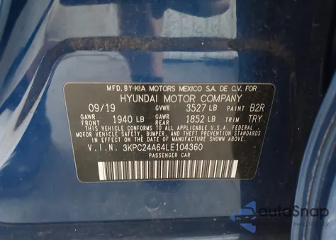 2020 Hyundai Accent Se z USA, uszkodzony, nr VIN 3KPC24A64LE104360